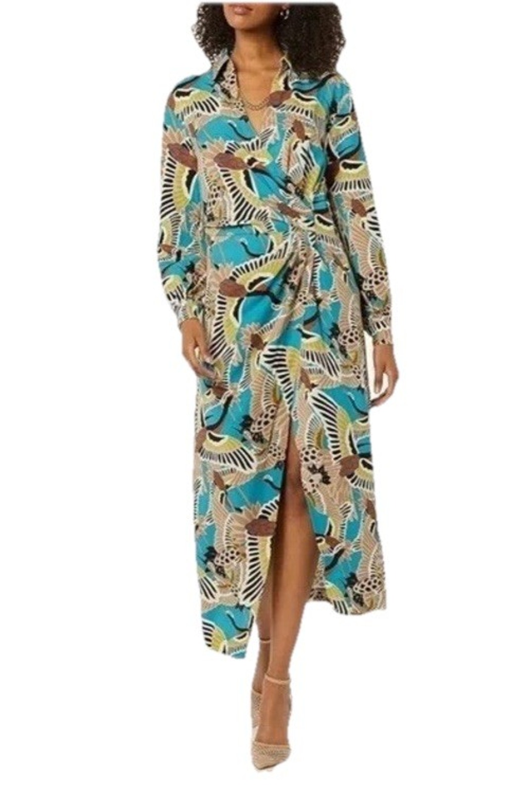Terea By Andrea Pitter Women’s Blue Crane Print Midi Dress Faux Wrap Large Nwt 3